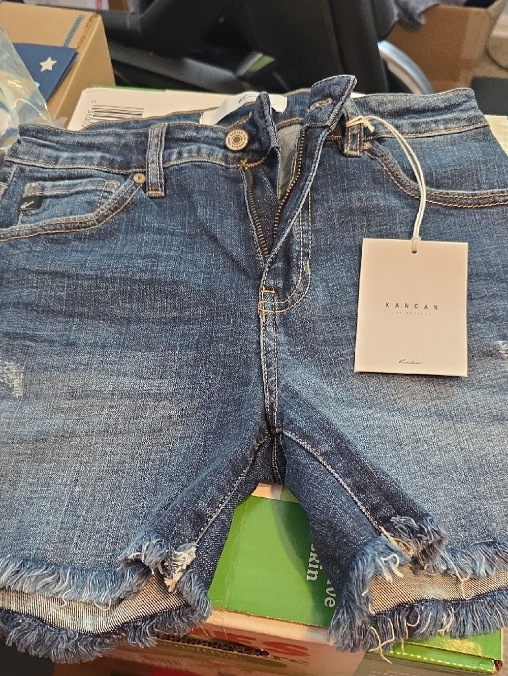 KanCan Frayed Hem Mid-Blue Denim Cutoff Shorts